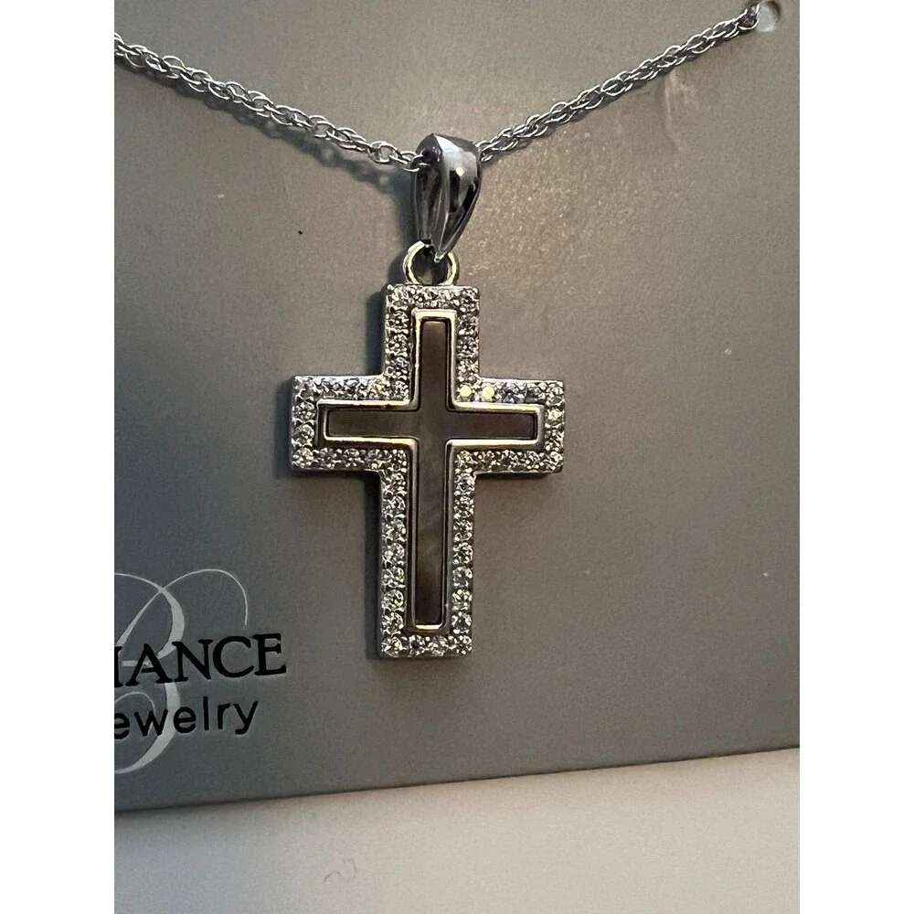 Sterling silver 925 cross pendant with mother of pearl, simulated diamonds NEW